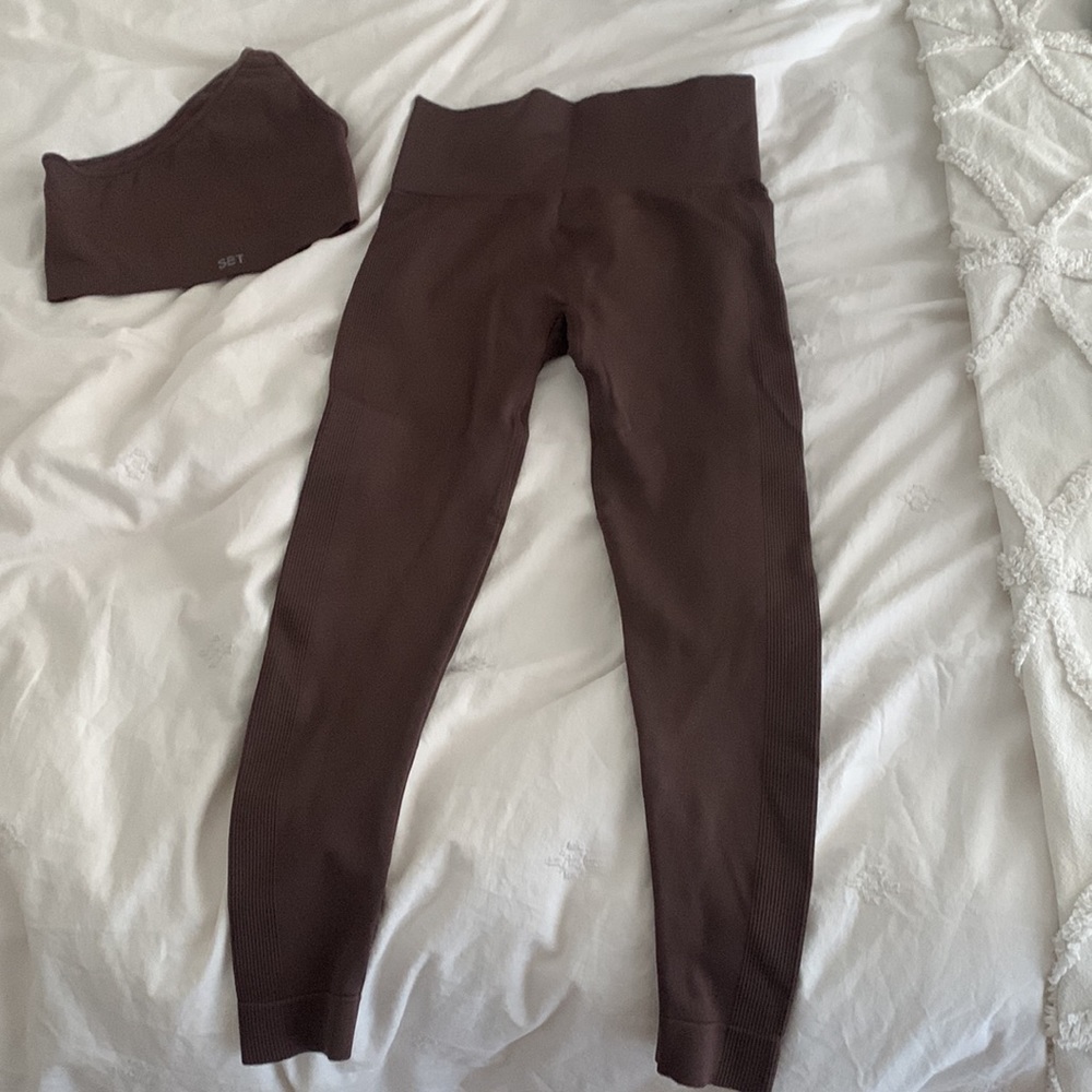 set active chocolate brown one shoulder top and leggings